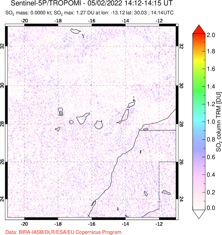 A sulfur dioxide image over Canary Islands on May 02, 2022.