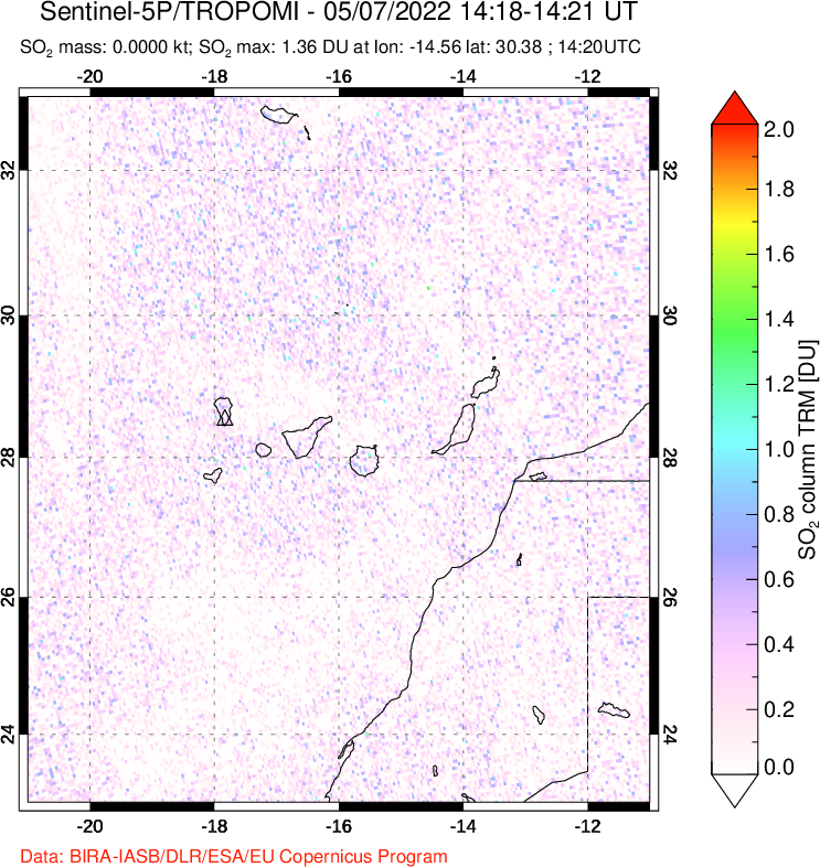 A sulfur dioxide image over Canary Islands on May 07, 2022.