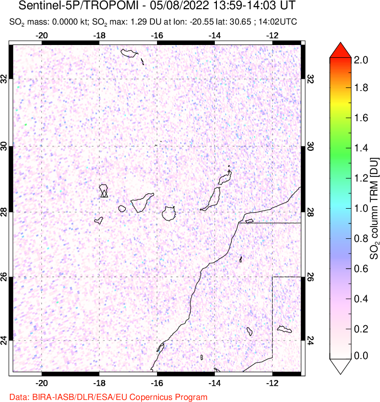 A sulfur dioxide image over Canary Islands on May 08, 2022.