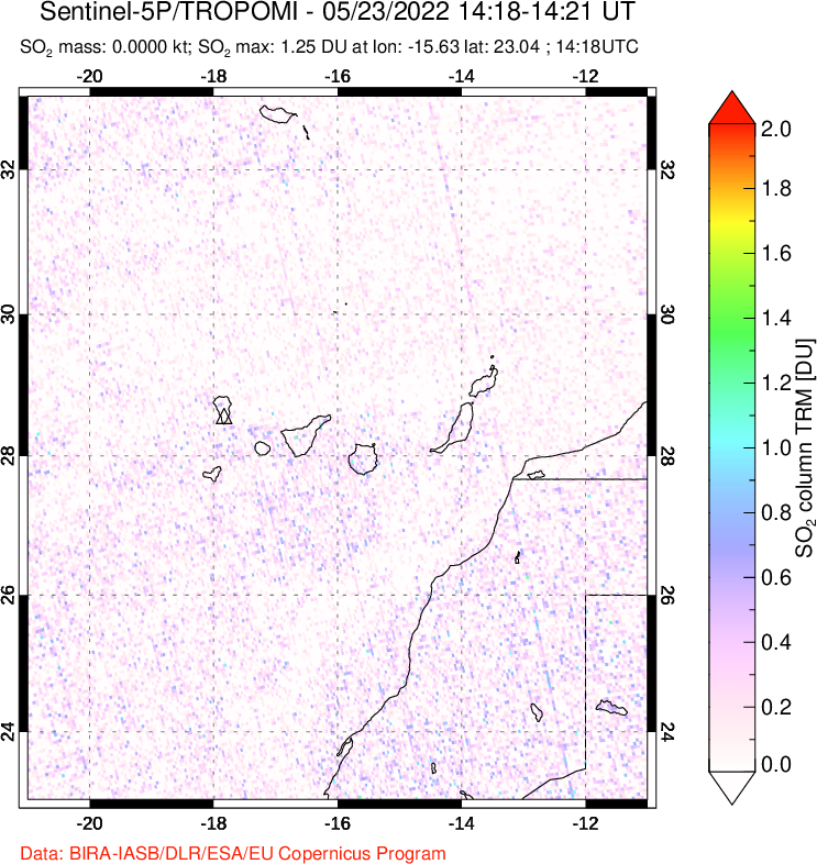 A sulfur dioxide image over Canary Islands on May 23, 2022.