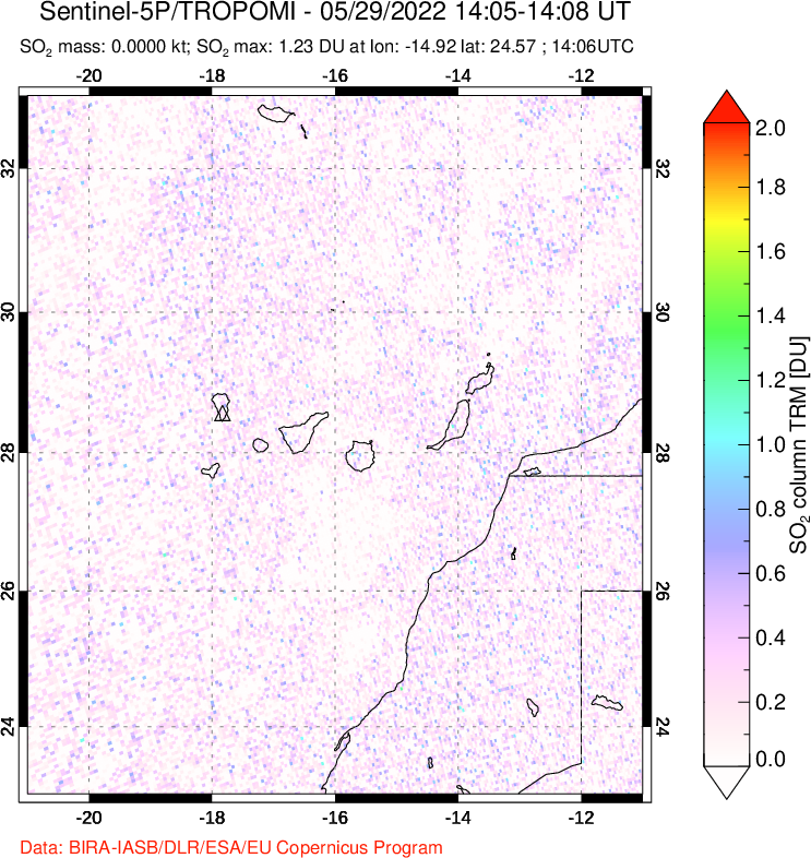 A sulfur dioxide image over Canary Islands on May 29, 2022.