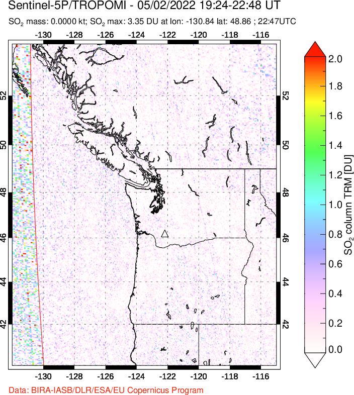 A sulfur dioxide image over Cascade Range, USA on May 02, 2022.