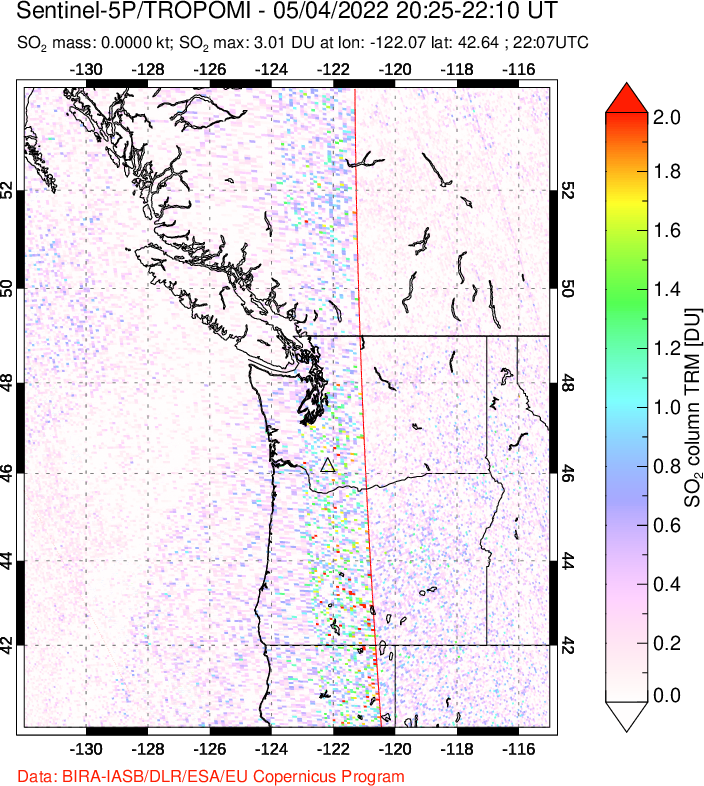 A sulfur dioxide image over Cascade Range, USA on May 04, 2022.
