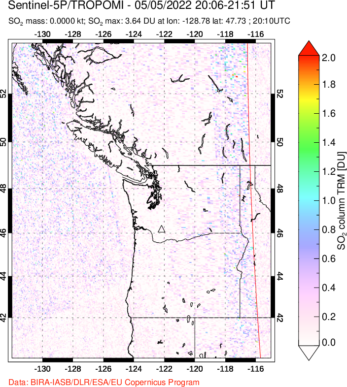 A sulfur dioxide image over Cascade Range, USA on May 05, 2022.