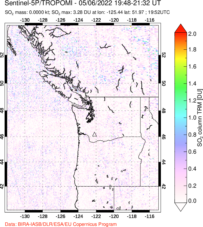 A sulfur dioxide image over Cascade Range, USA on May 06, 2022.