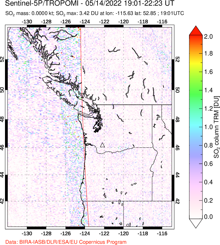 A sulfur dioxide image over Cascade Range, USA on May 14, 2022.