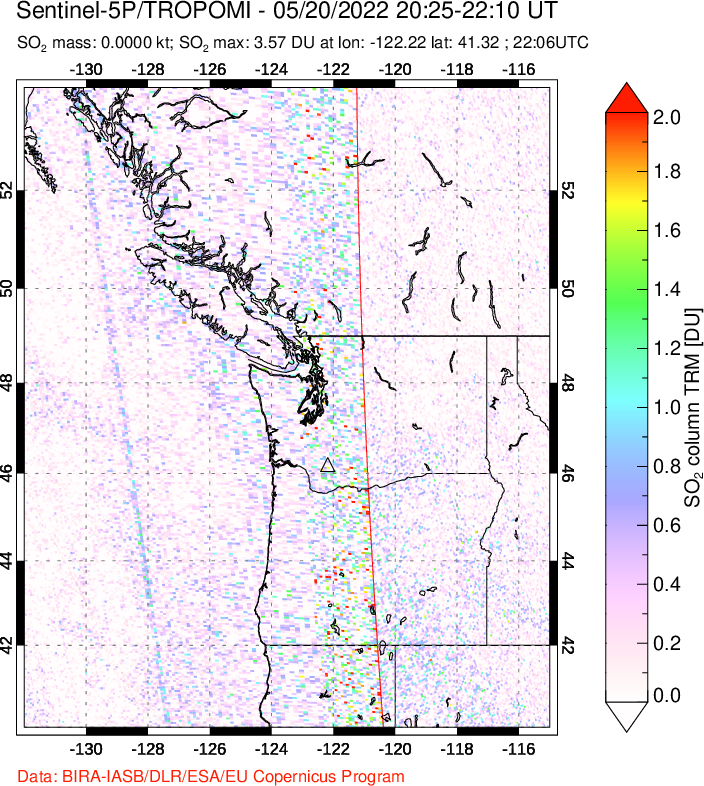 A sulfur dioxide image over Cascade Range, USA on May 20, 2022.