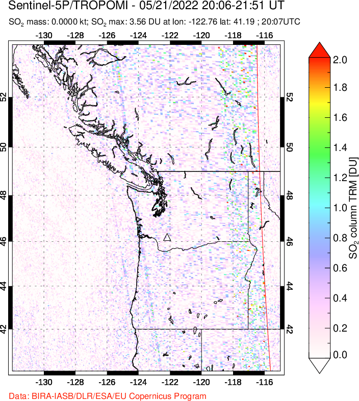 A sulfur dioxide image over Cascade Range, USA on May 21, 2022.