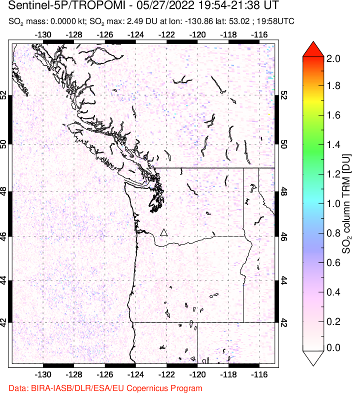 A sulfur dioxide image over Cascade Range, USA on May 27, 2022.