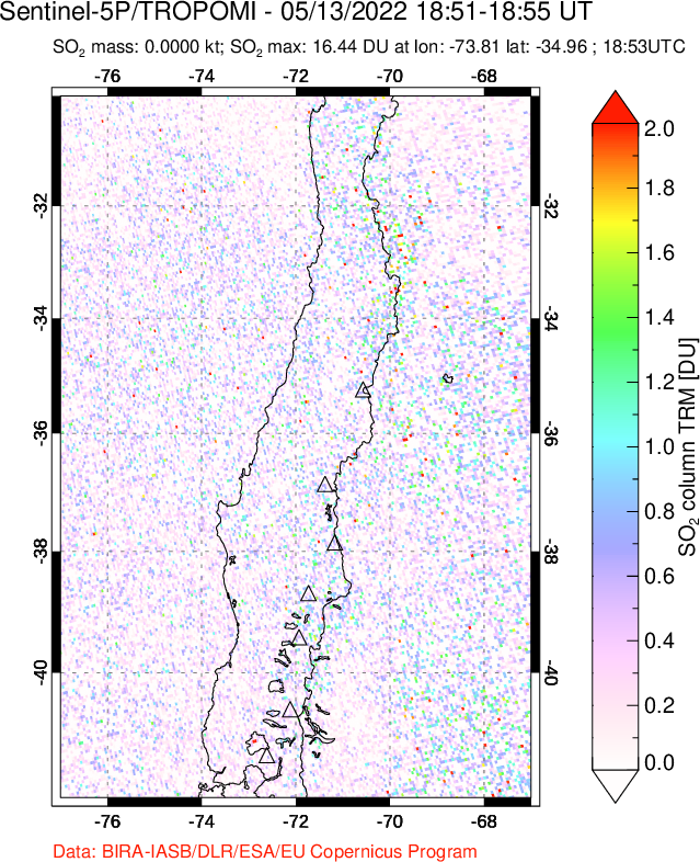 A sulfur dioxide image over Central Chile on May 13, 2022.