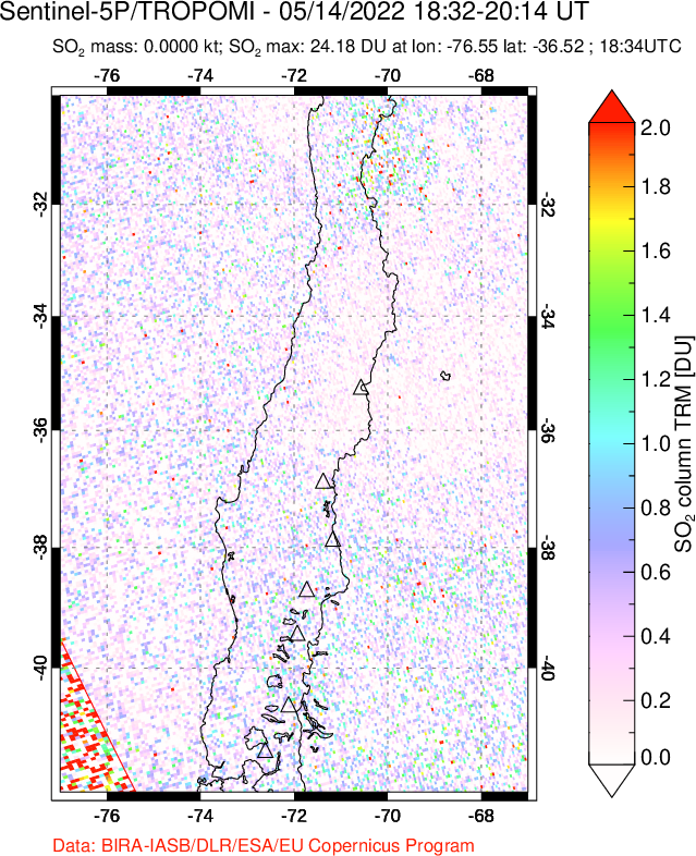A sulfur dioxide image over Central Chile on May 14, 2022.