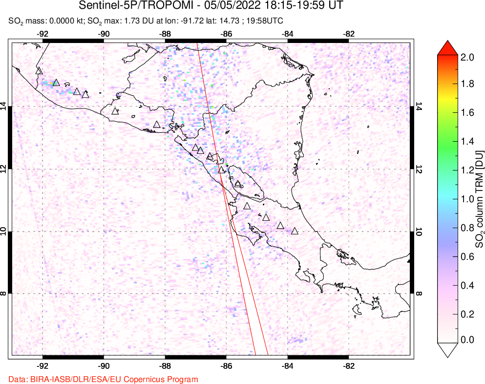A sulfur dioxide image over Central America on May 05, 2022.
