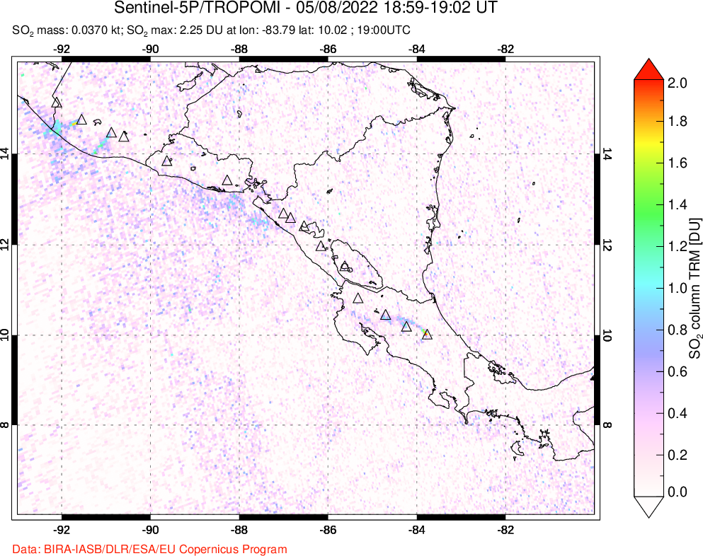 A sulfur dioxide image over Central America on May 08, 2022.