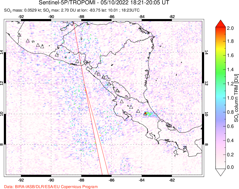 A sulfur dioxide image over Central America on May 10, 2022.