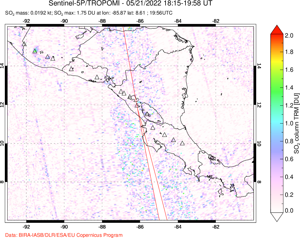 A sulfur dioxide image over Central America on May 21, 2022.