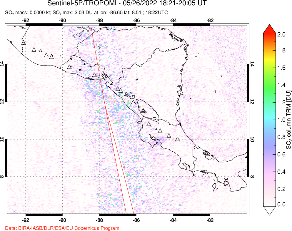 A sulfur dioxide image over Central America on May 26, 2022.