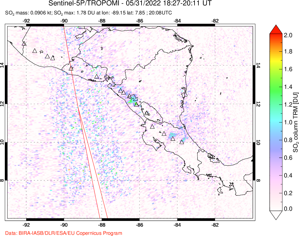 A sulfur dioxide image over Central America on May 31, 2022.