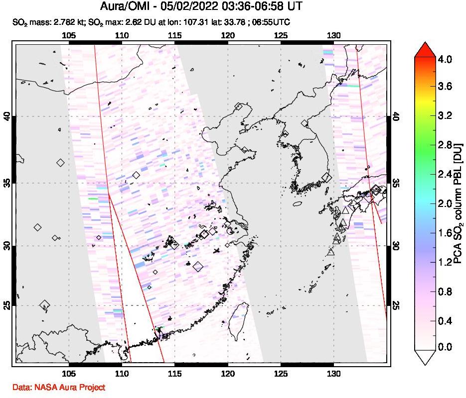 A sulfur dioxide image over Eastern China on May 02, 2022.