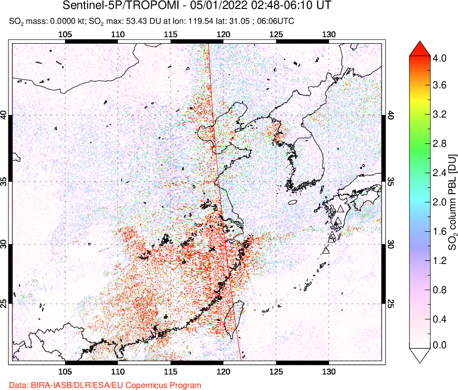 A sulfur dioxide image over Eastern China on May 01, 2022.