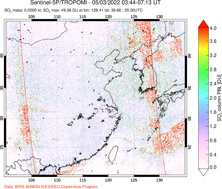 A sulfur dioxide image over Eastern China on May 03, 2022.