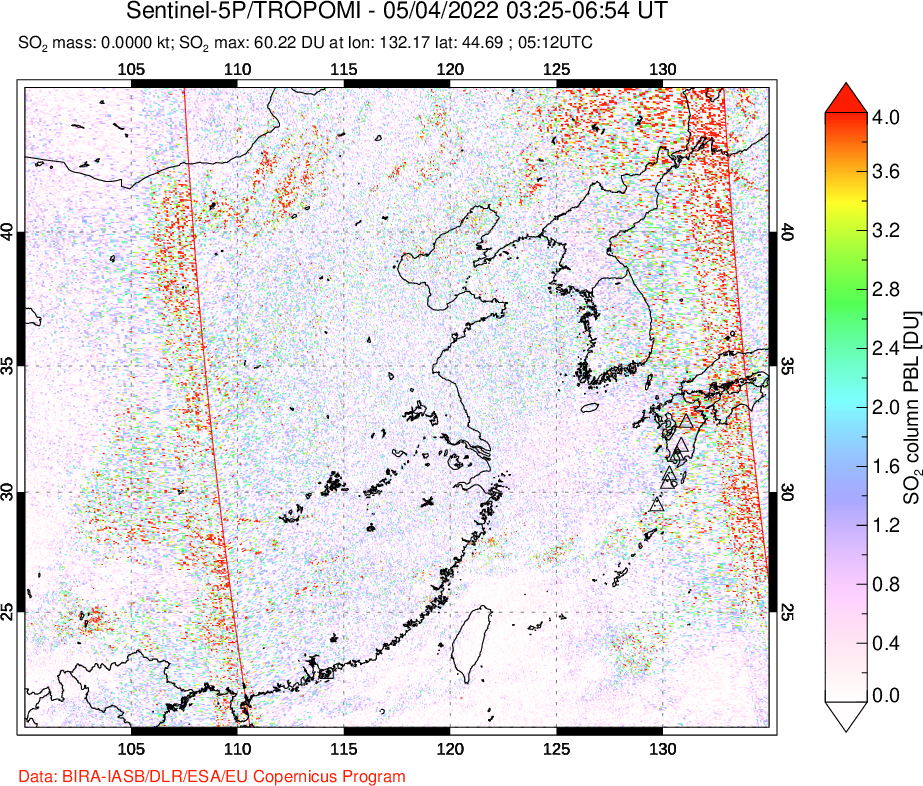 A sulfur dioxide image over Eastern China on May 04, 2022.