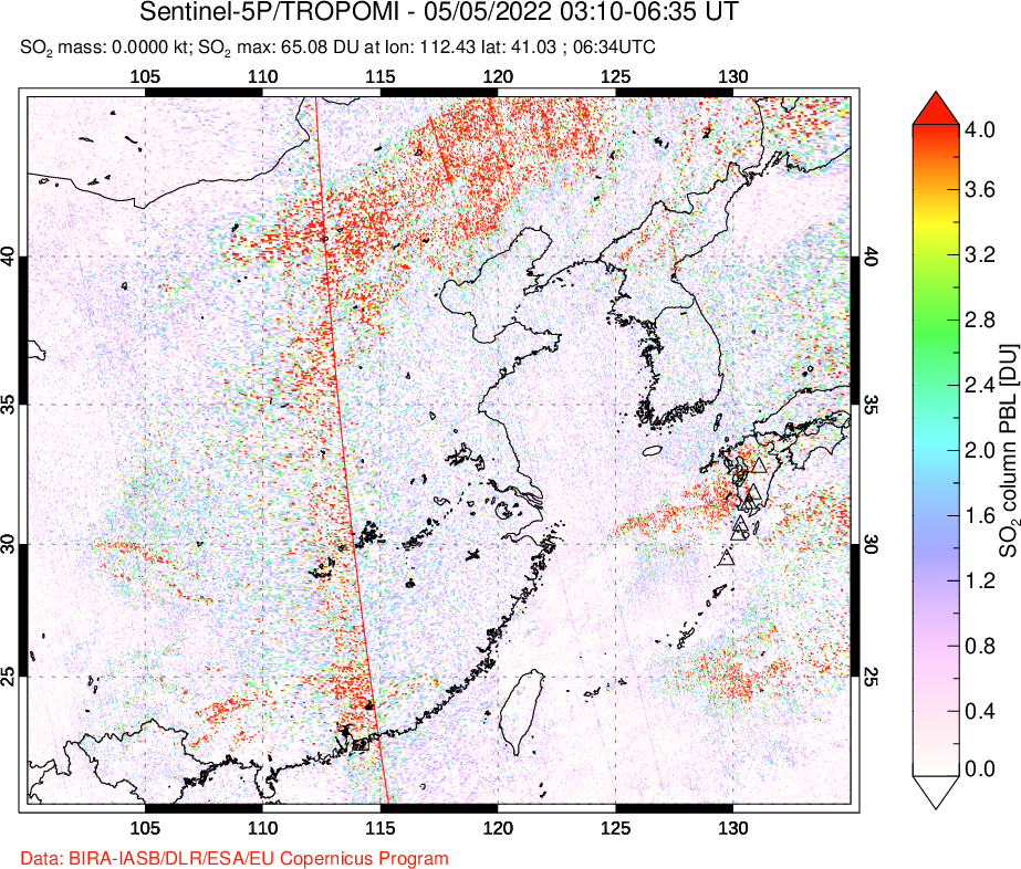A sulfur dioxide image over Eastern China on May 05, 2022.