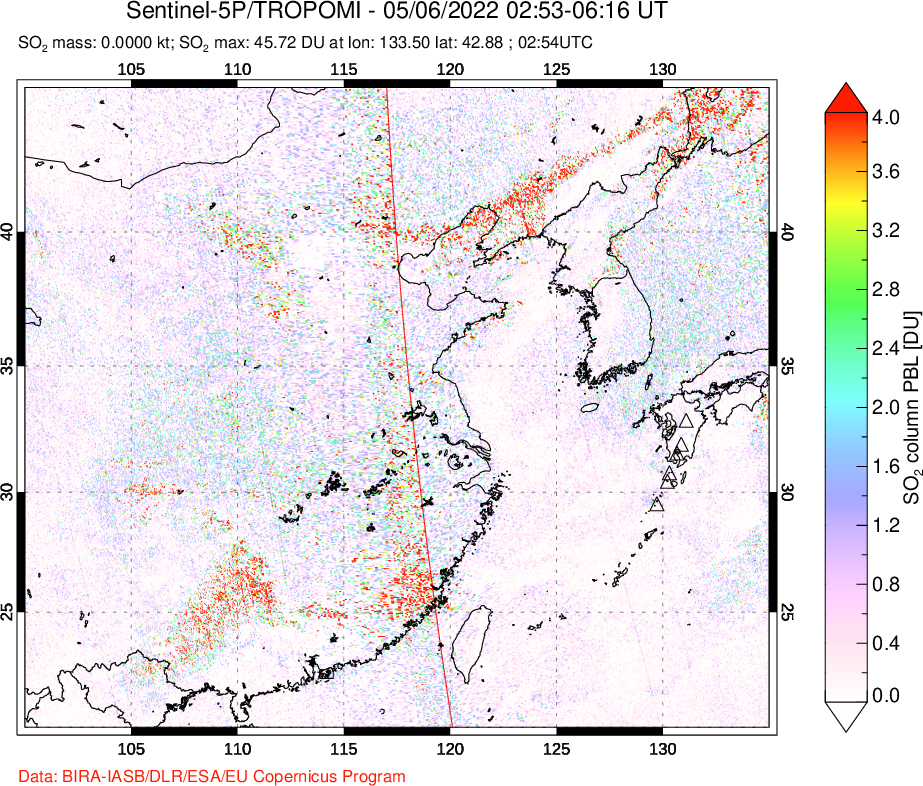 A sulfur dioxide image over Eastern China on May 06, 2022.