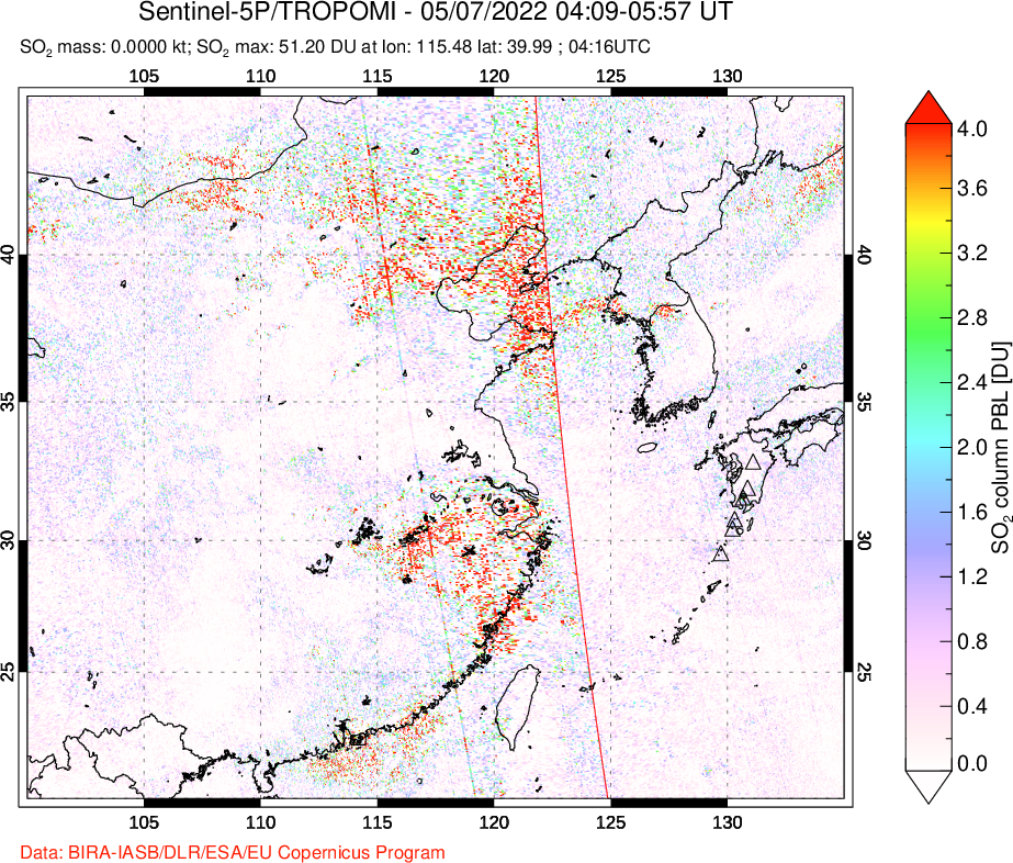 A sulfur dioxide image over Eastern China on May 07, 2022.