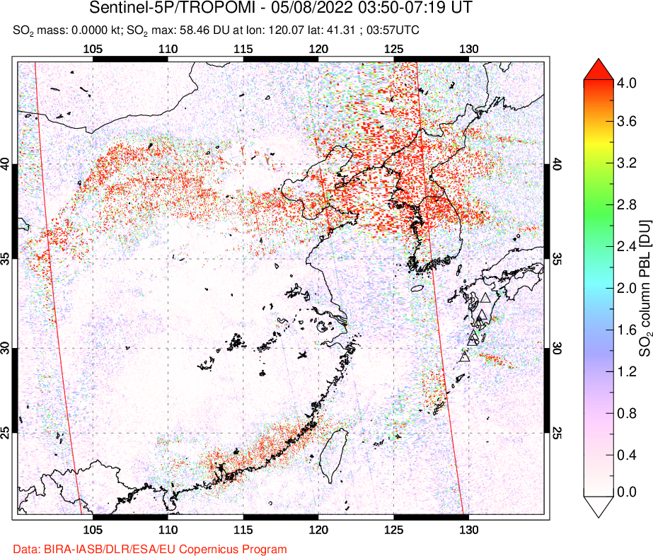 A sulfur dioxide image over Eastern China on May 08, 2022.