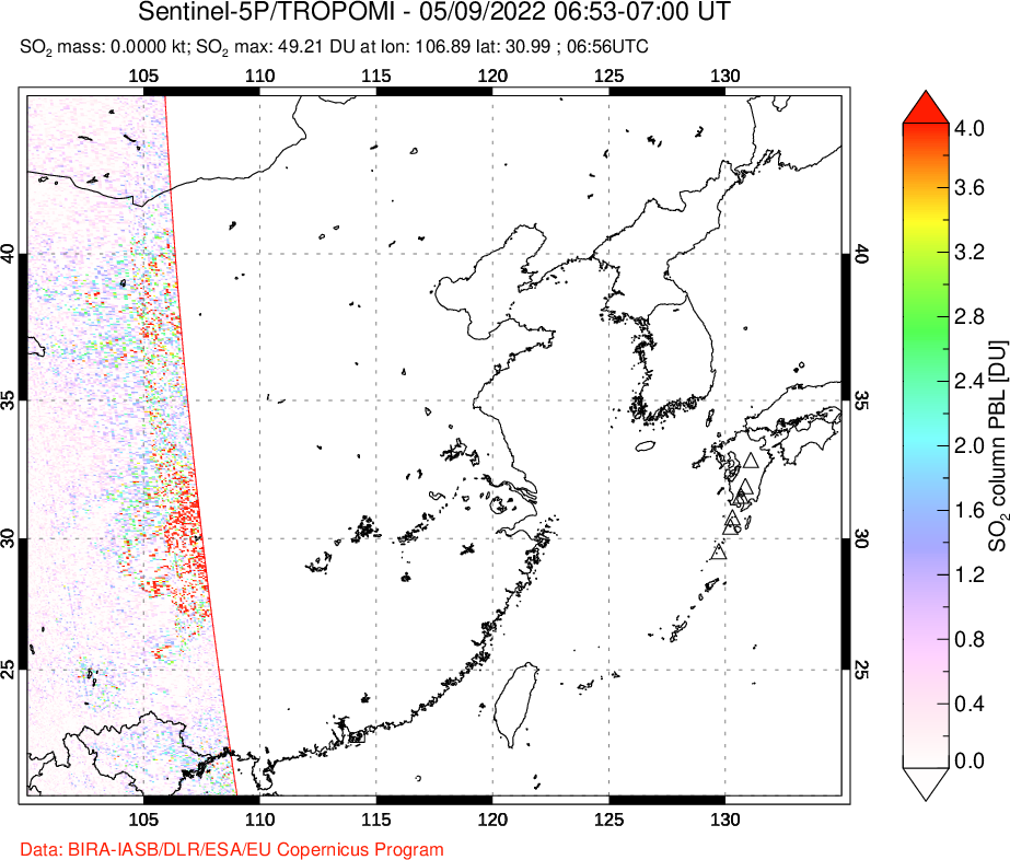 A sulfur dioxide image over Eastern China on May 09, 2022.