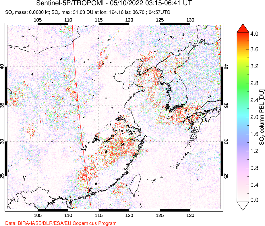 A sulfur dioxide image over Eastern China on May 10, 2022.
