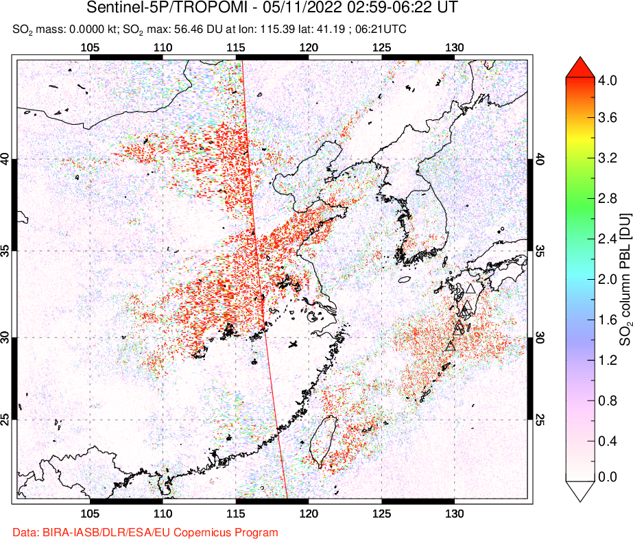 A sulfur dioxide image over Eastern China on May 11, 2022.
