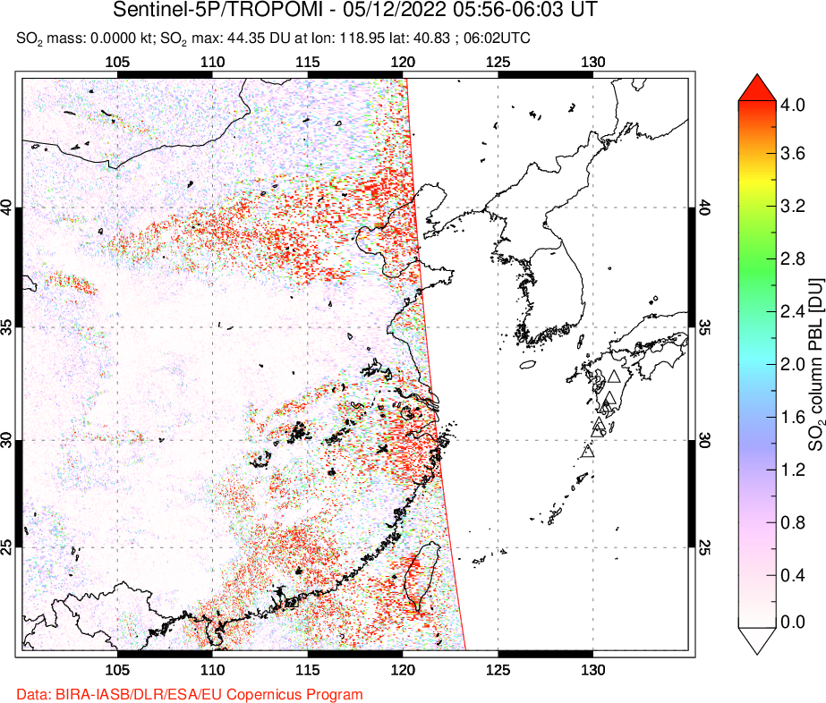 A sulfur dioxide image over Eastern China on May 12, 2022.