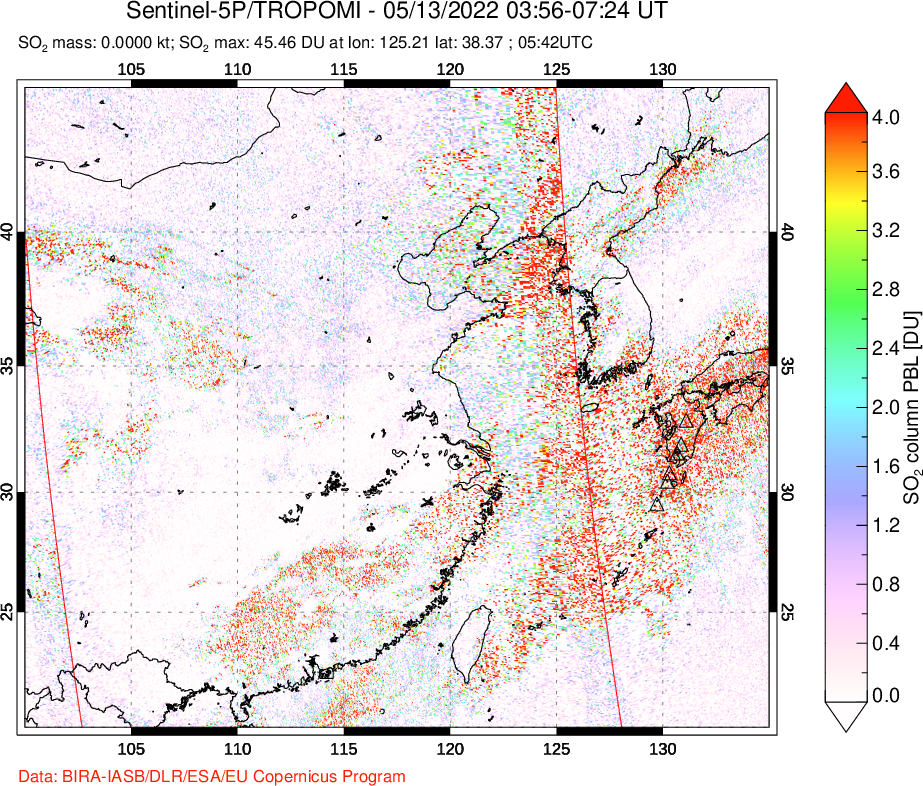 A sulfur dioxide image over Eastern China on May 13, 2022.