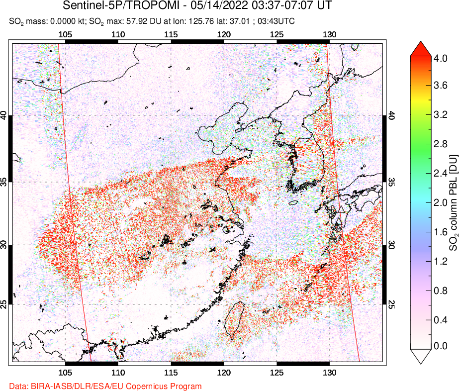 A sulfur dioxide image over Eastern China on May 14, 2022.