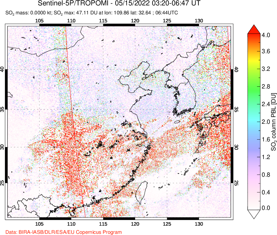 A sulfur dioxide image over Eastern China on May 15, 2022.