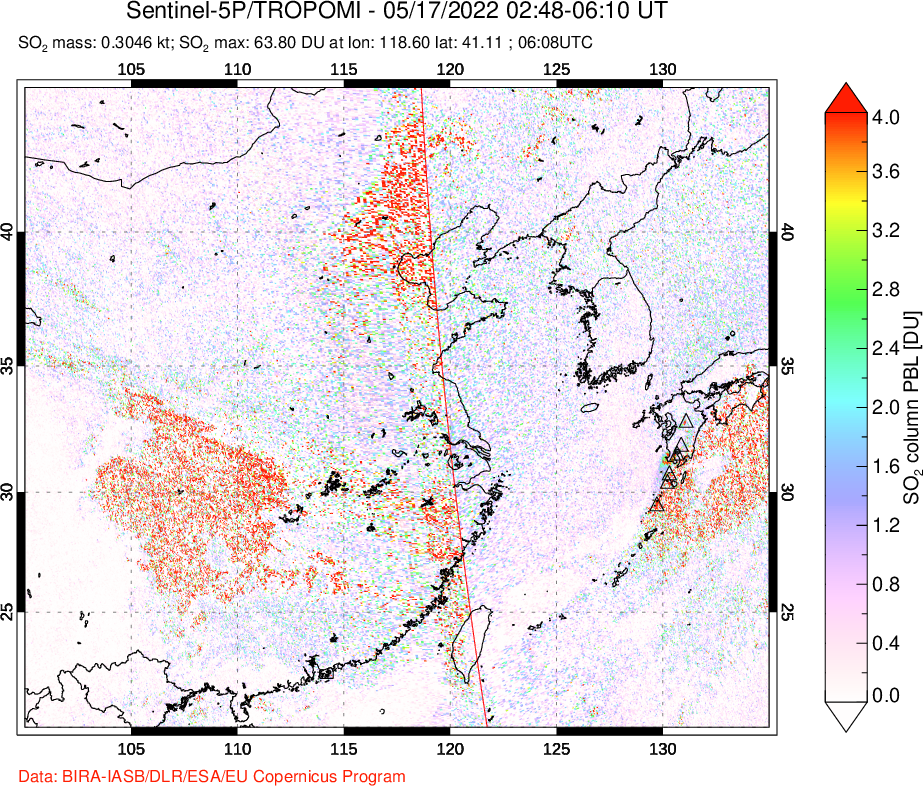 A sulfur dioxide image over Eastern China on May 17, 2022.