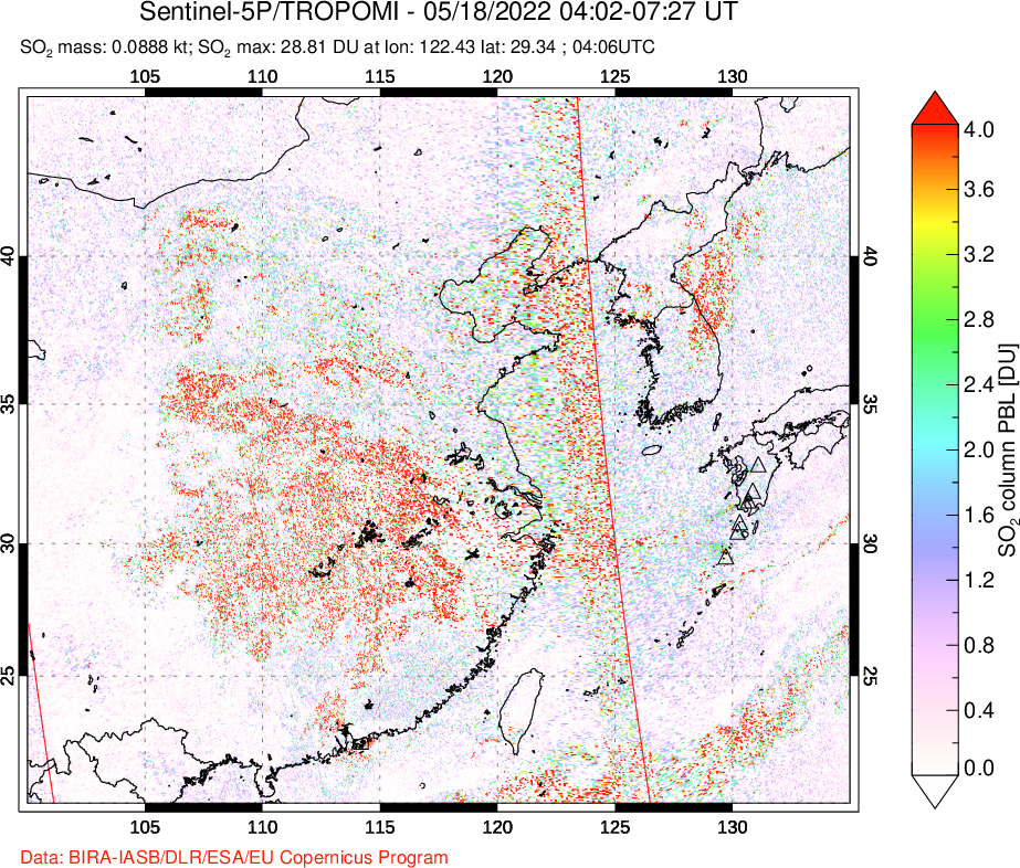 A sulfur dioxide image over Eastern China on May 18, 2022.