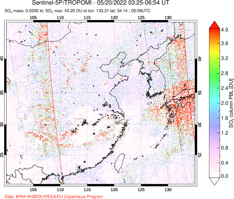 A sulfur dioxide image over Eastern China on May 20, 2022.