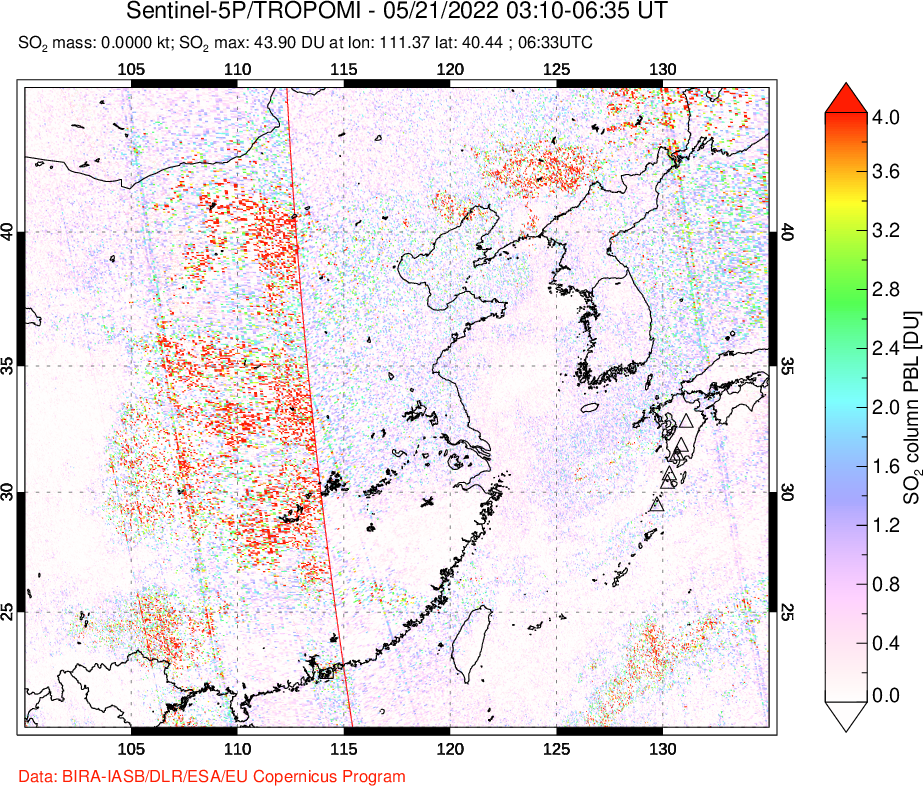 A sulfur dioxide image over Eastern China on May 21, 2022.