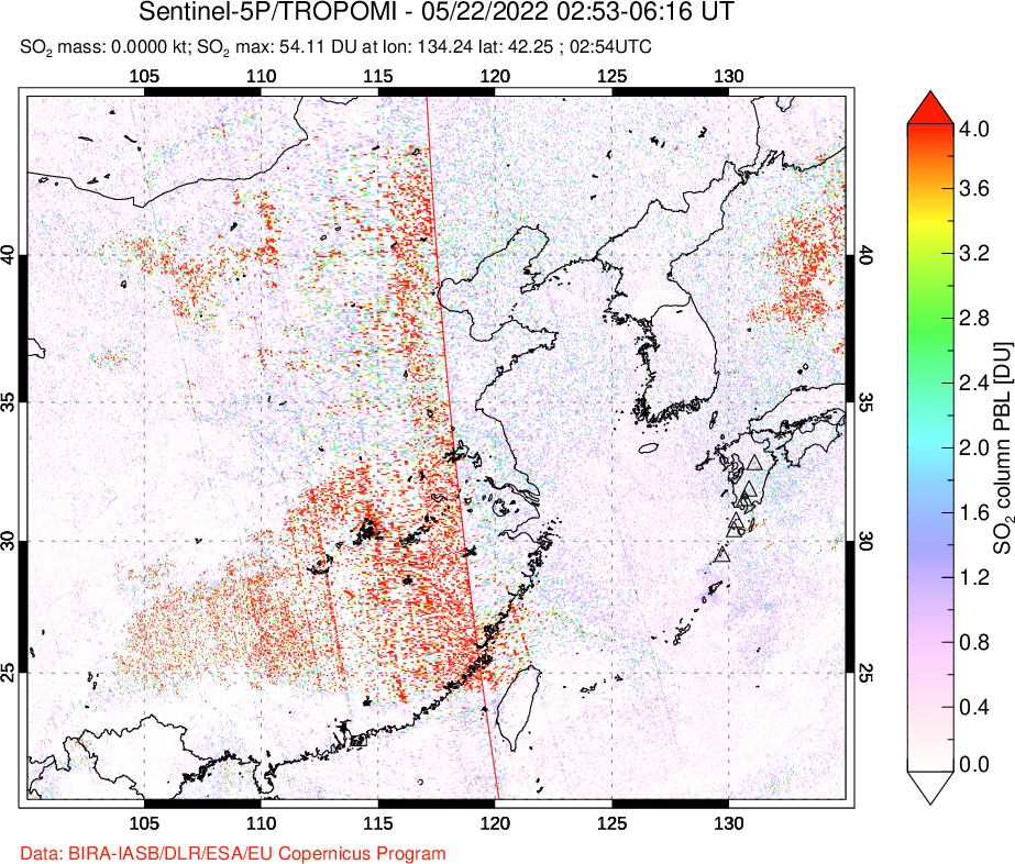 A sulfur dioxide image over Eastern China on May 22, 2022.