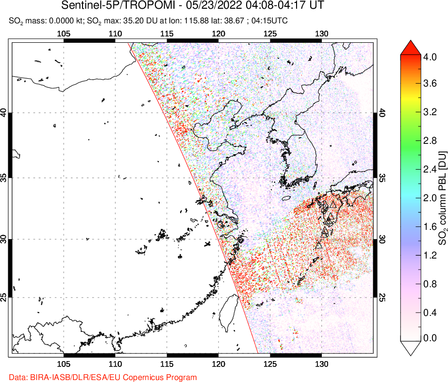 A sulfur dioxide image over Eastern China on May 23, 2022.