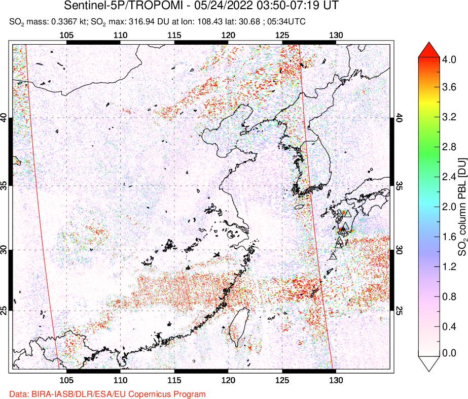 A sulfur dioxide image over Eastern China on May 24, 2022.