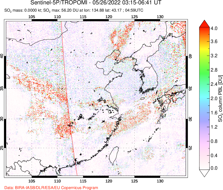 A sulfur dioxide image over Eastern China on May 26, 2022.