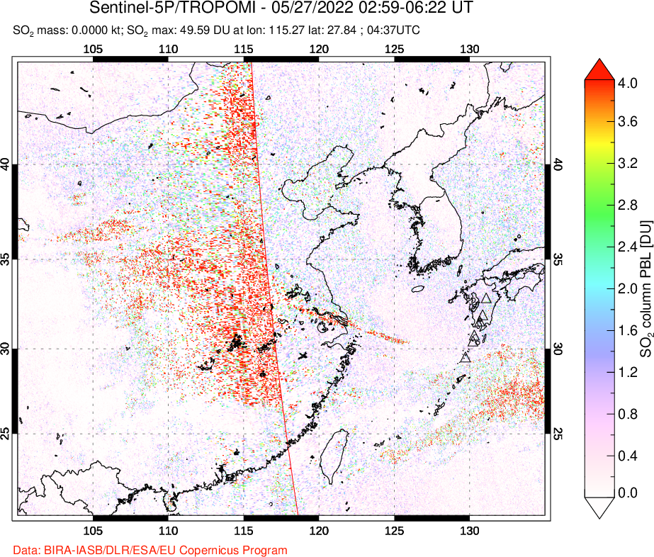 A sulfur dioxide image over Eastern China on May 27, 2022.