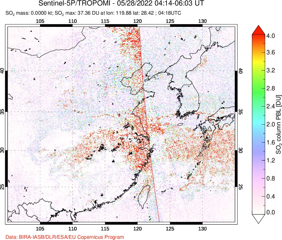 A sulfur dioxide image over Eastern China on May 28, 2022.