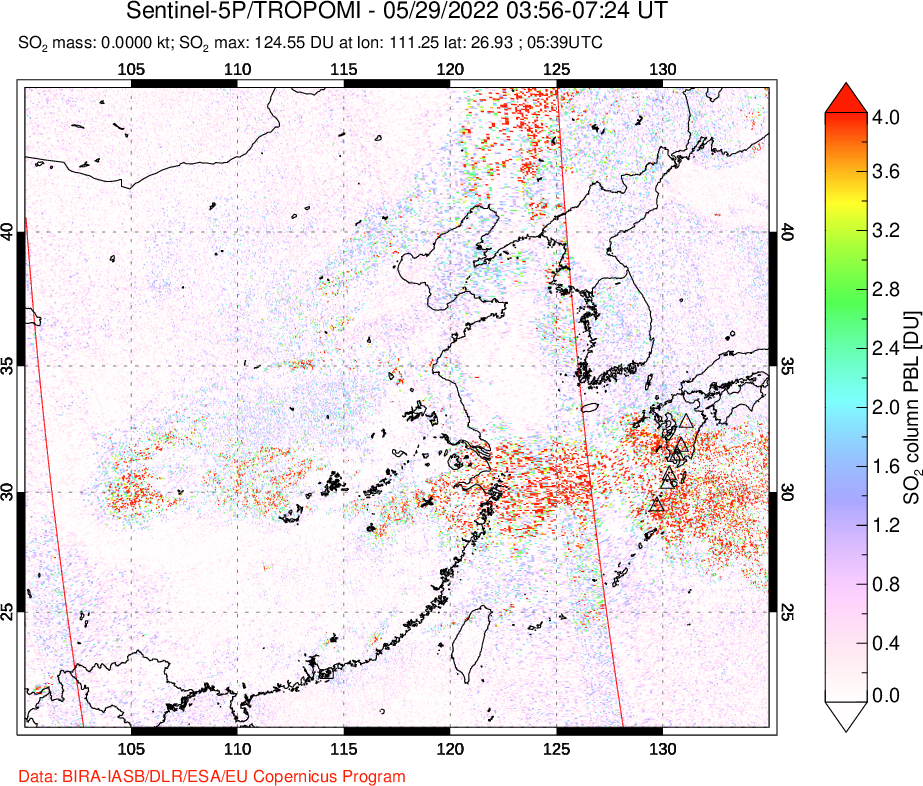 A sulfur dioxide image over Eastern China on May 29, 2022.