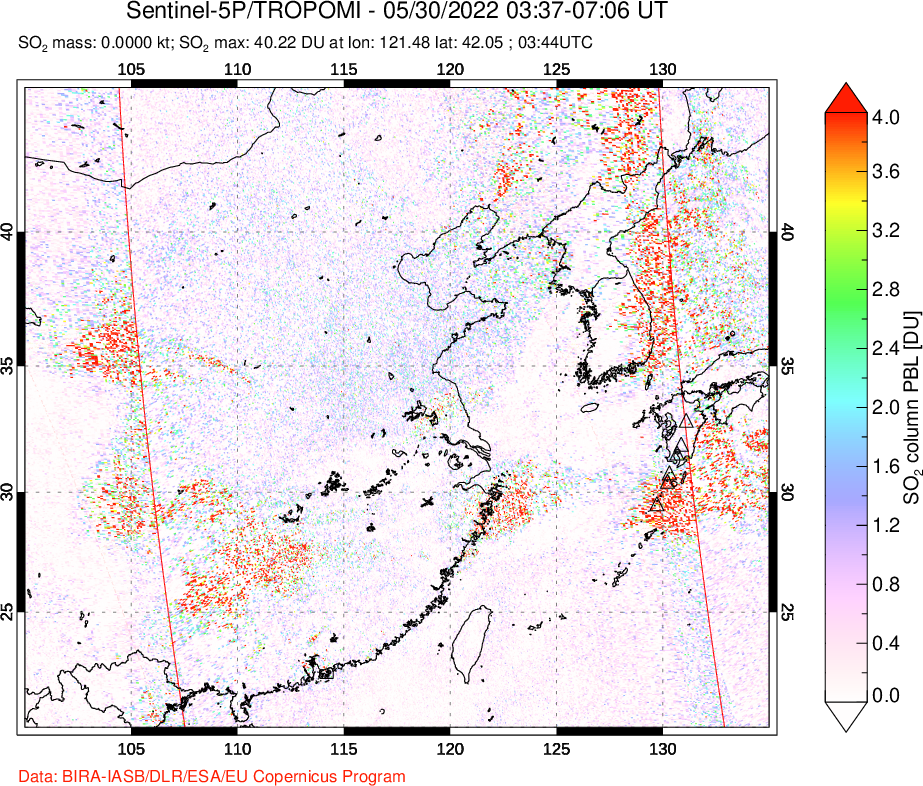 A sulfur dioxide image over Eastern China on May 30, 2022.
