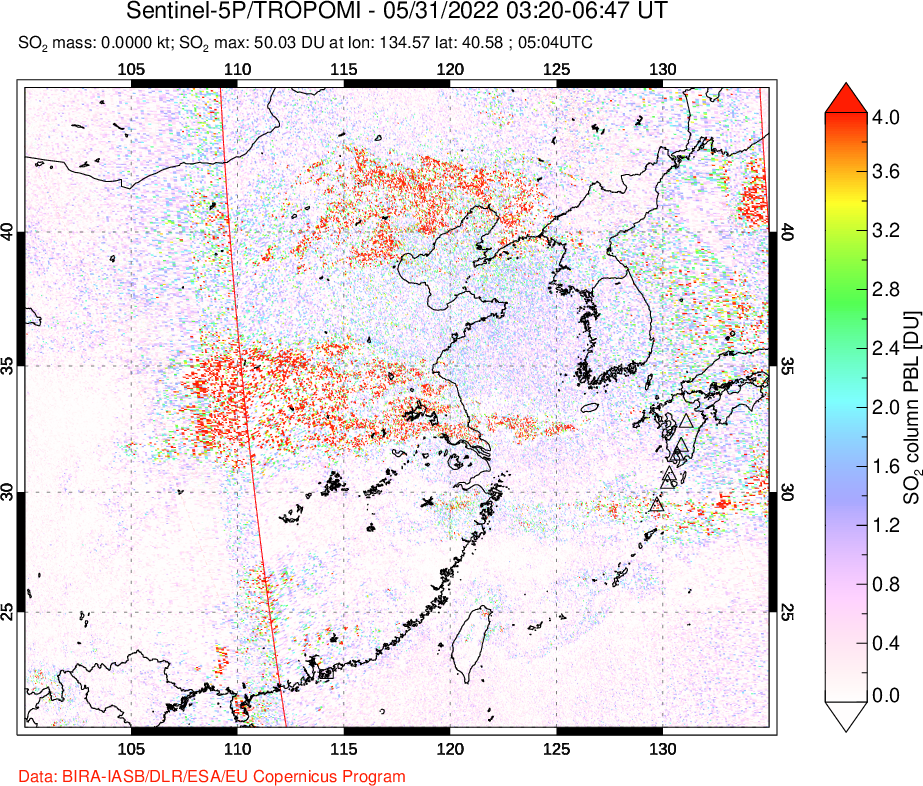 A sulfur dioxide image over Eastern China on May 31, 2022.