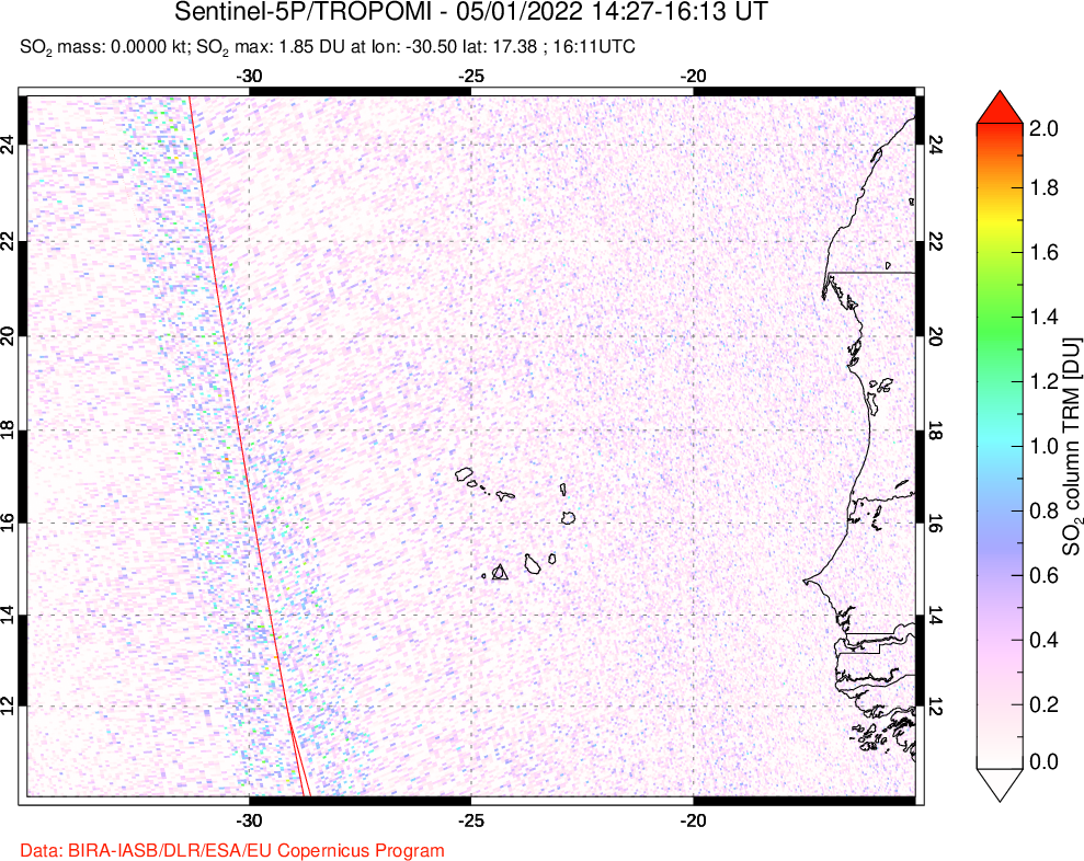 A sulfur dioxide image over Cape Verde Islands on May 01, 2022.